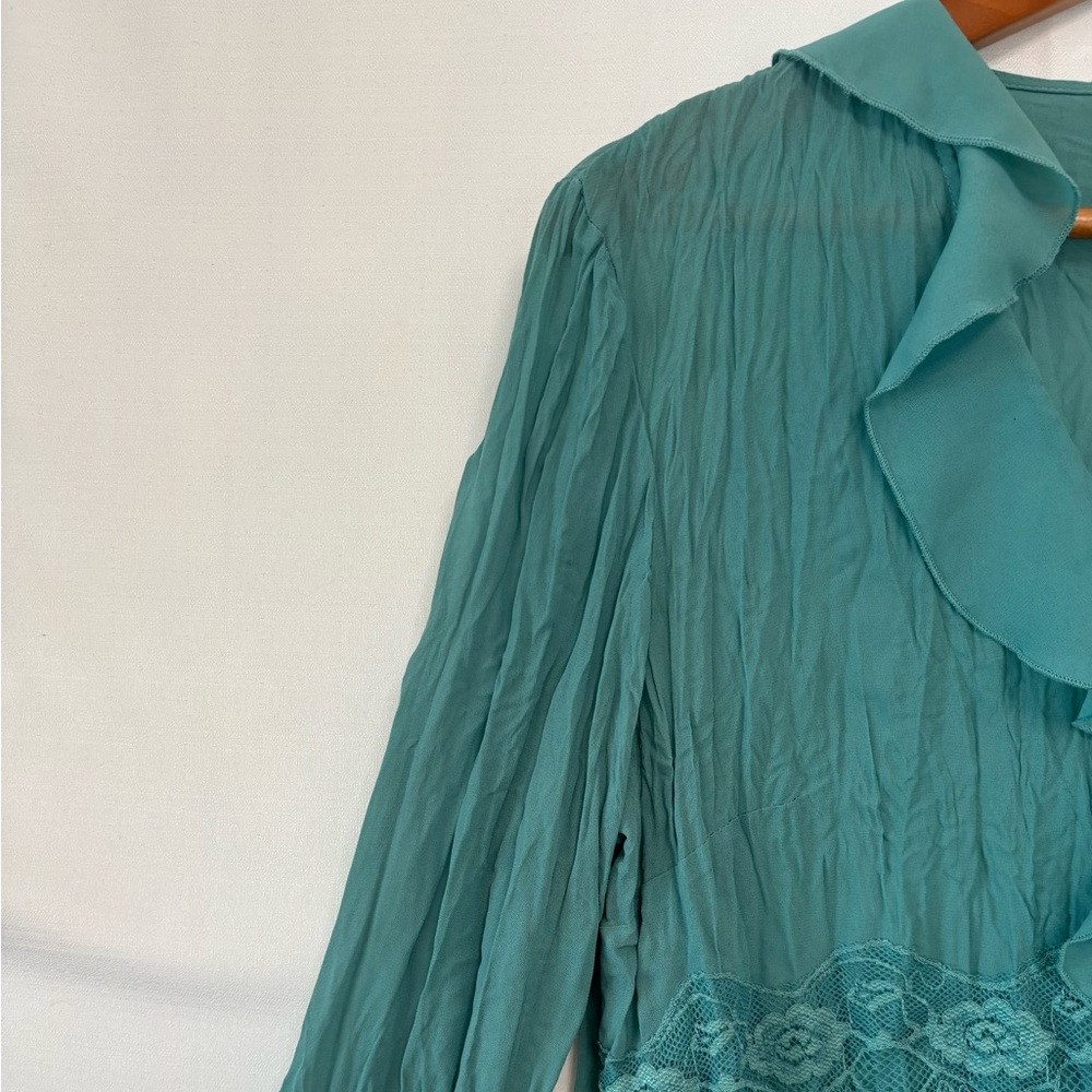Jaipur Teal Ruffled Lace-Trim Blouse - Picture 3 of 6